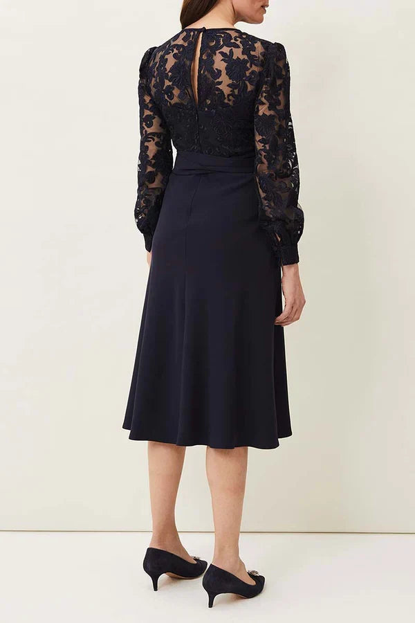 Round neck lace long sleeved set tea length mother of the bride dress