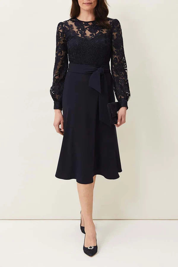 Round neck lace long sleeved set tea length mother of the bride dress