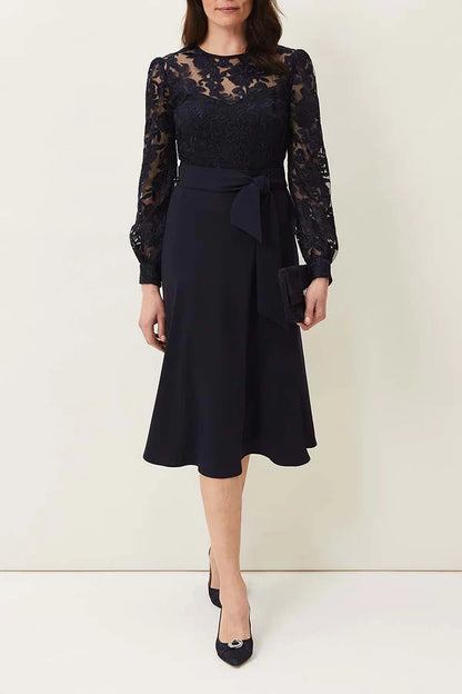 Round neck lace long sleeved set tea length mother of the bride dress