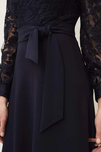 Round neck lace long sleeved set tea length mother of the bride dress