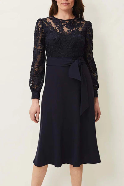 Round neck lace long sleeved set tea length mother of the bride dress