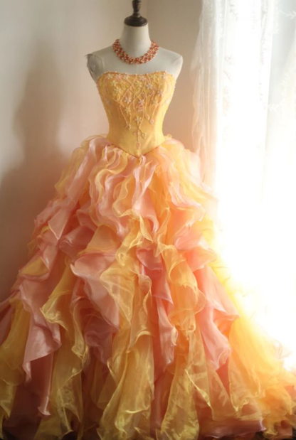 Vintage Ombre Yellow-Pink Ruffled Organza Strapless Beaded Quinceanera Sweet 15 Ball Gown TP5864