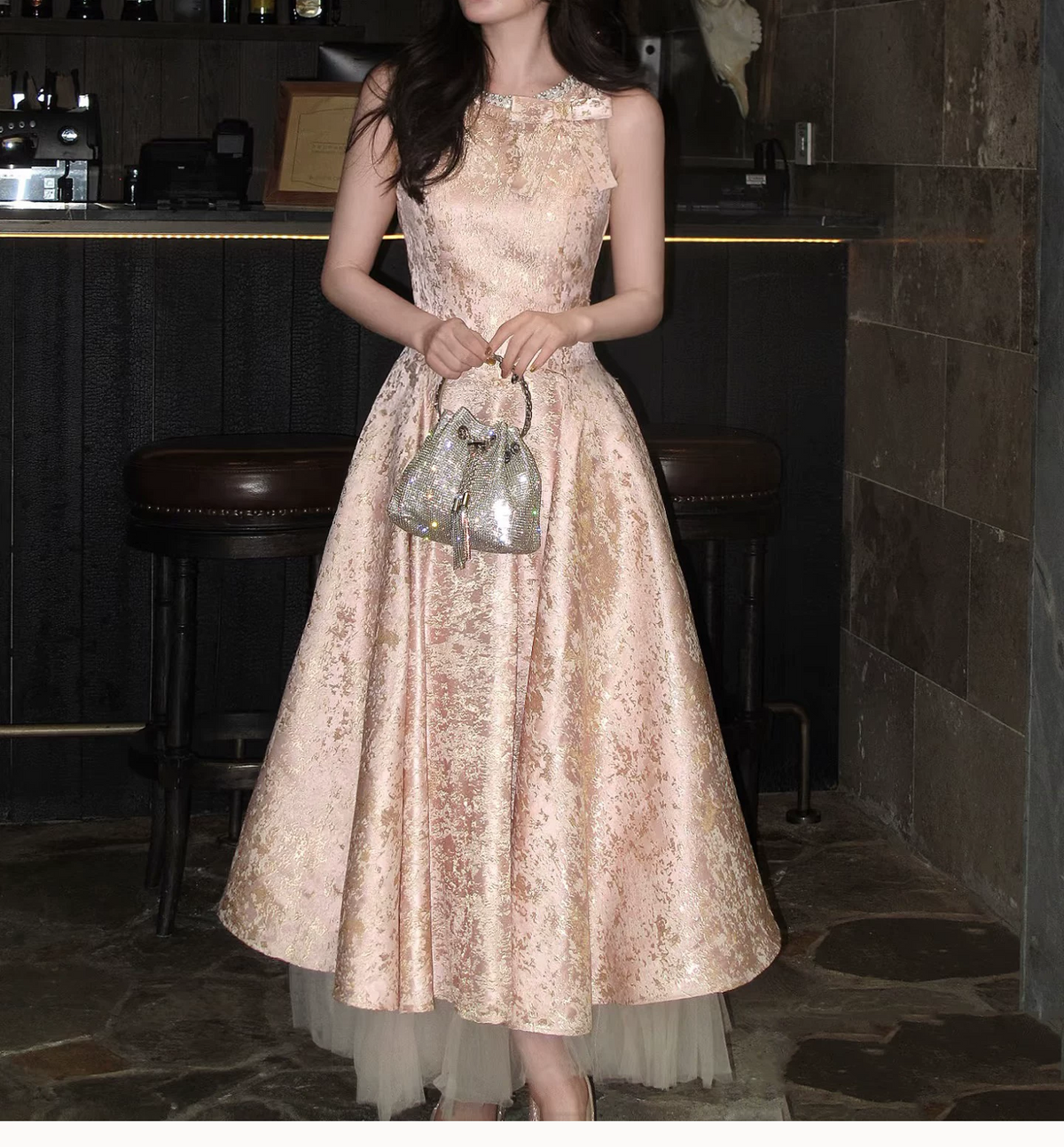 Vintage Pink Jacquard Sleeveless Beaded Scoop Neck A-Line Tea Length Tulle Hem Prom Dress TP5875