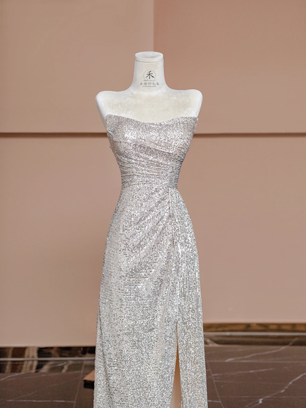 Silver sequined strapless fitted long ball gown, bridal dress R8387