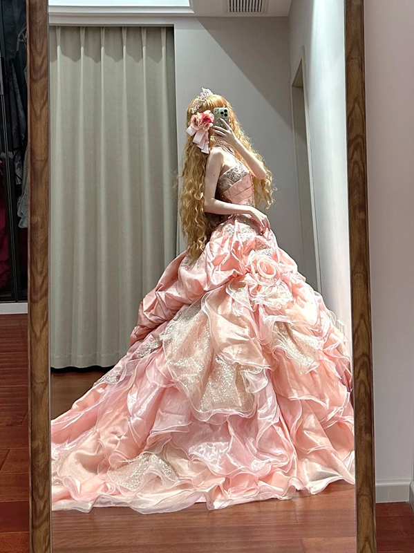 Light pink strapless fitted waist slim-fitting ball gown/bridal dress R8630