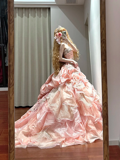 Light pink strapless fitted waist slim-fitting ball gown/bridal dress R8630