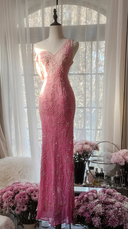 Pink gradient V-neck fitted long ball gown for young girls R7742