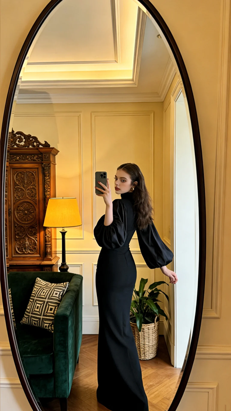 Black long-sleeved, fitted, bodycon, sexy long ball gown R8599