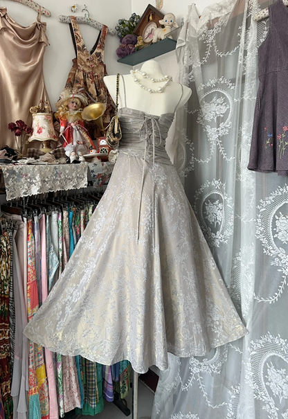 Gray halter printed satin pleated waist slim fit A-line maxi ball gown R6188