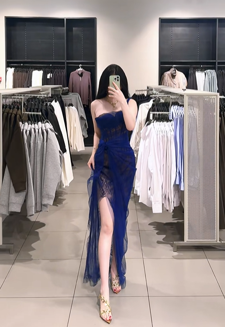 Dark blue strapless fitted waist slim sexy slit long ball gown R7893