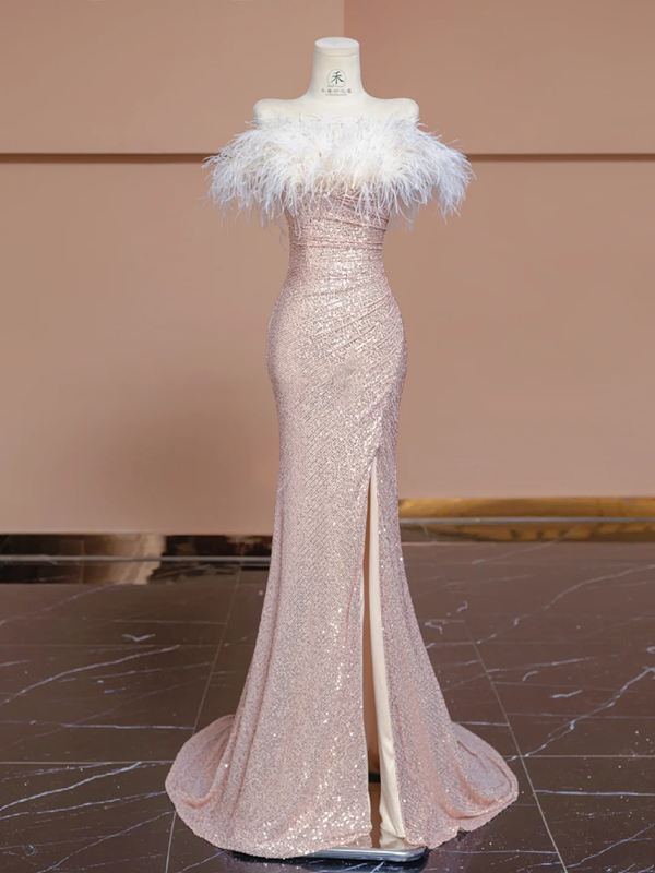 Light pink off-the-shoulder feather neckline, fitted waist, bodycon skirt, long ball gown/bridal dress R8297