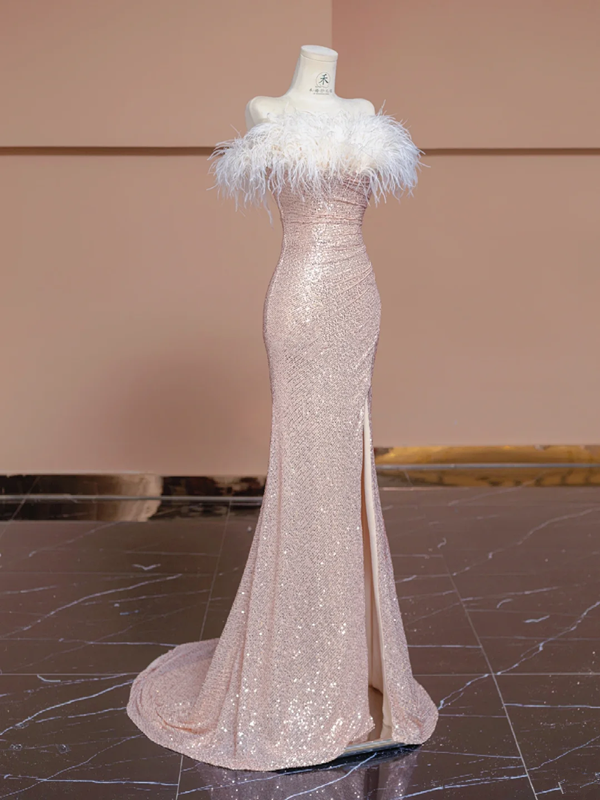 Light pink off-the-shoulder feather neckline, fitted waist, bodycon skirt, long ball gown/bridal dress R8297