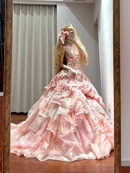 Light pink strapless fitted waist slim-fitting ball gown/bridal dress R8630