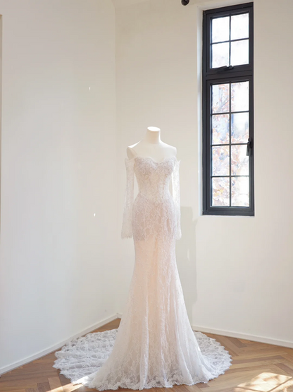 White off-the-shoulder fitted long ball gown R8442