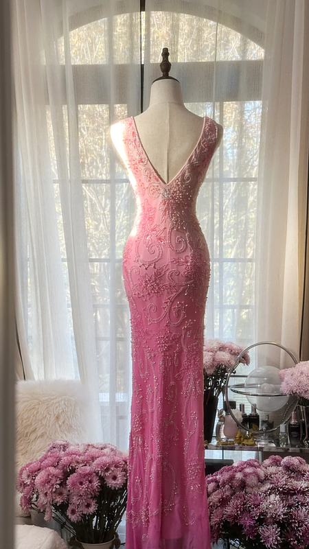 Pink gradient V-neck fitted long ball gown for young girls R7742