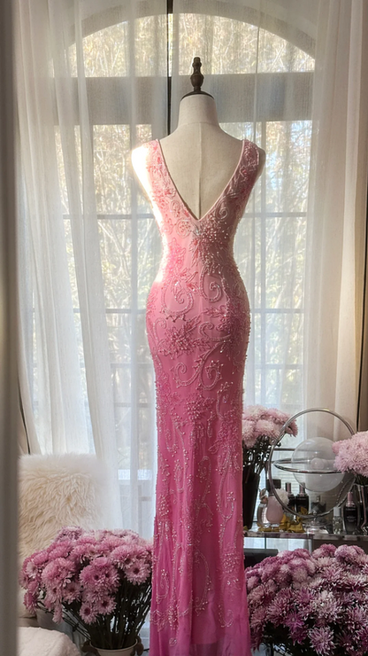 Pink gradient V-neck fitted long ball gown for young girls R7742