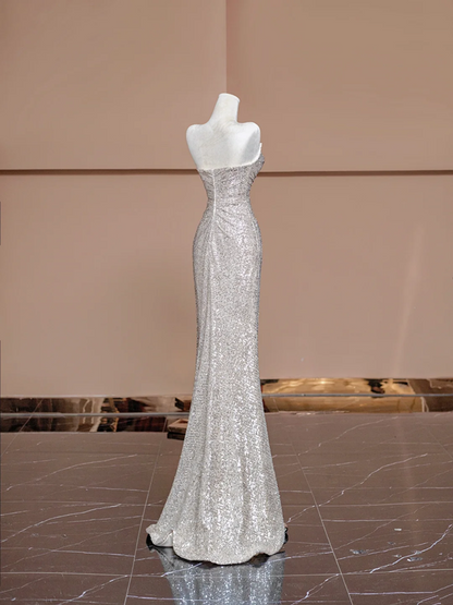 Silver sequined strapless fitted long ball gown, bridal dress R8387