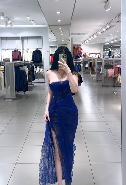 Dark blue strapless fitted waist slim sexy slit long ball gown R7893