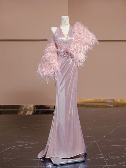 Light pink halter neck, fitted waist, bodycon long sexy ball gown R8354