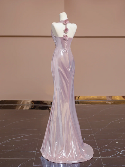 Light pink halter neck, fitted waist, bodycon long sexy ball gown R8354