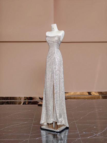 Silver sequined strapless fitted long ball gown, bridal dress R8387