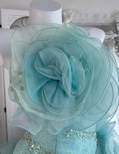 Unique Blue 3D Flowers Birthday Ball Gown,Pretty Tulle Pleated Beaded Formal Quinceanera Dress SP1448