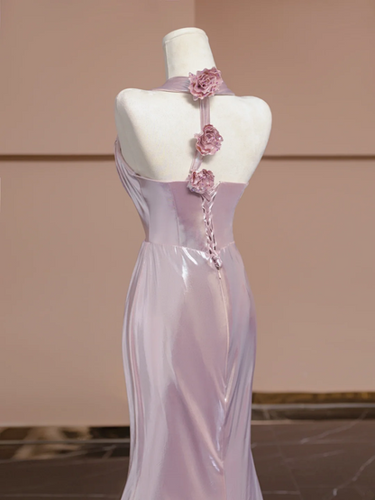 Light pink halter neck, fitted waist, bodycon long sexy ball gown R8354