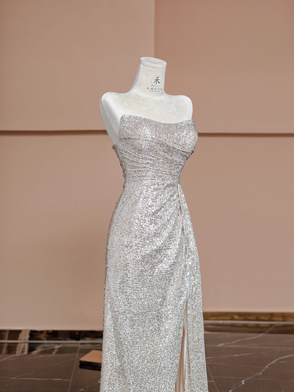 Silver sequined strapless fitted long ball gown, bridal dress R8387