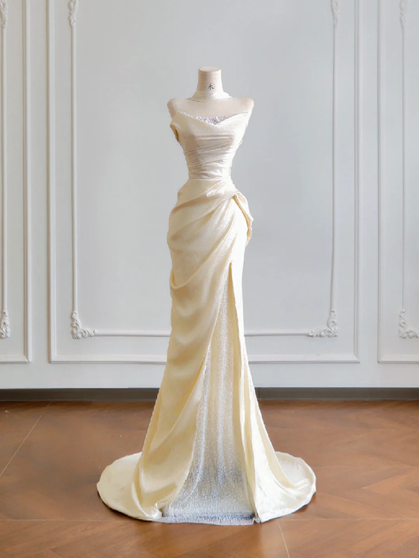 Light apricot strapless fitted waist bodycon long sexy ball gown, bridal dress R8181
