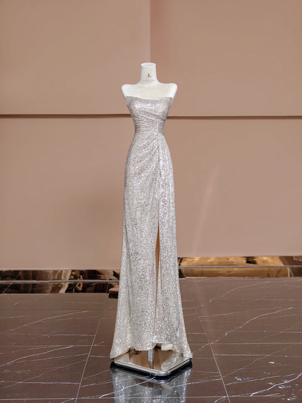 Silver sequined strapless fitted long ball gown, bridal dress R8387