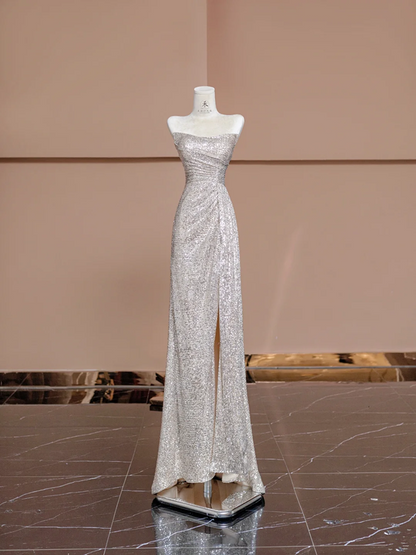 Silver sequined strapless fitted long ball gown, bridal dress R8387