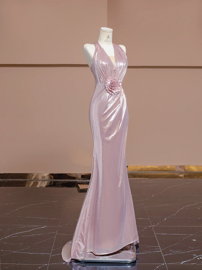 Light pink halter neck, fitted waist, bodycon long sexy ball gown R8354