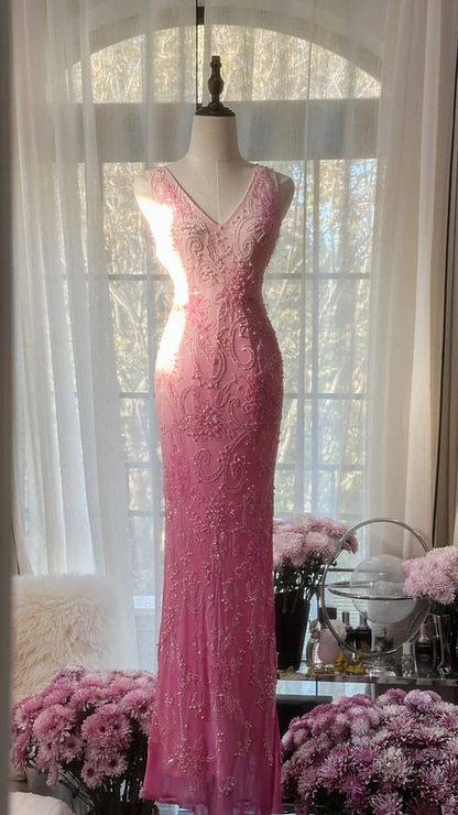 Pink gradient V-neck fitted long ball gown for young girls R7742