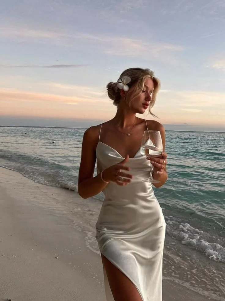 White halter-neck fitted long ball gown with slit for a sexy and elegant look R8659