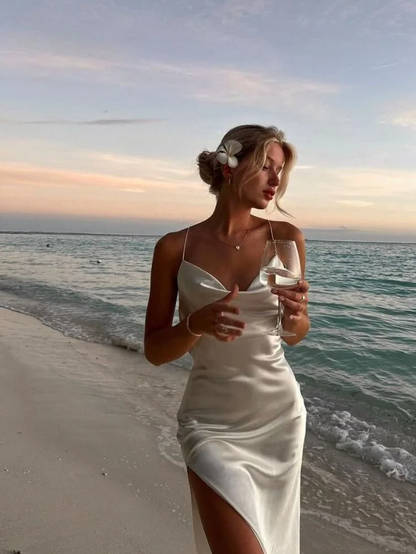 White halter-neck fitted long ball gown with slit for a sexy and elegant look R8659