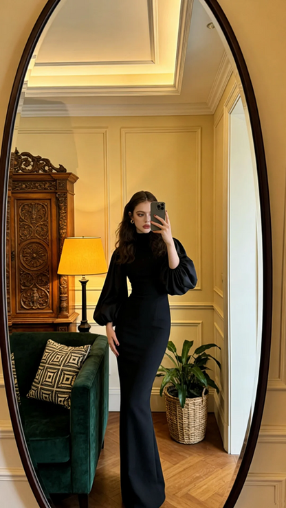 Black long-sleeved, fitted, bodycon, sexy long ball gown R8599