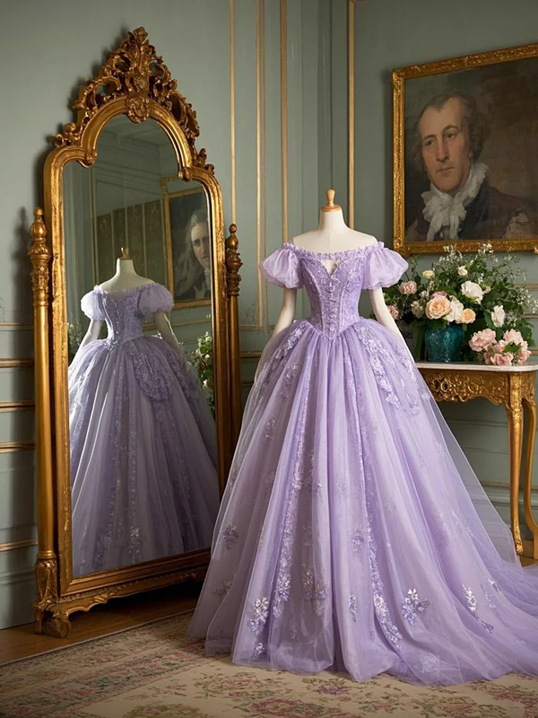 Light purple off-the-shoulder waist-cinching slim-fit ballgown long prom dress R7933