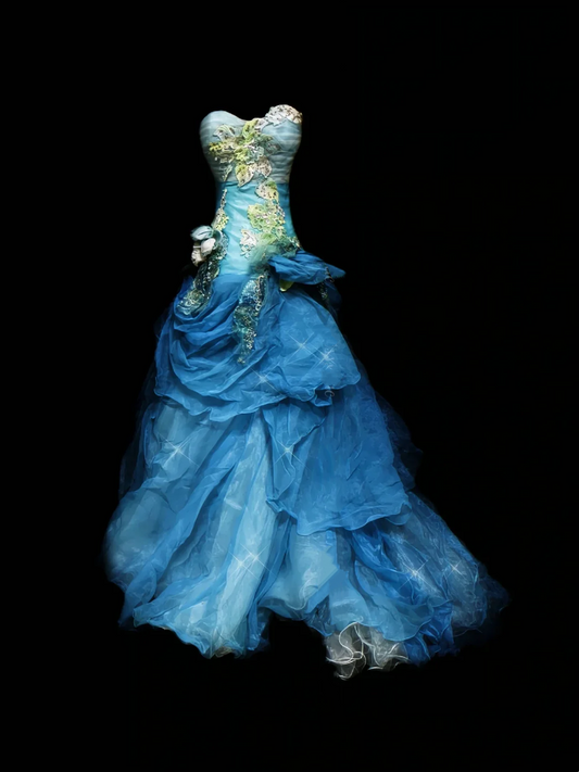 Light Blue Strapless Dreamy Floral Waist-Cinching Slim Elegant Prom Gown, Evening Formal Dress gh7330