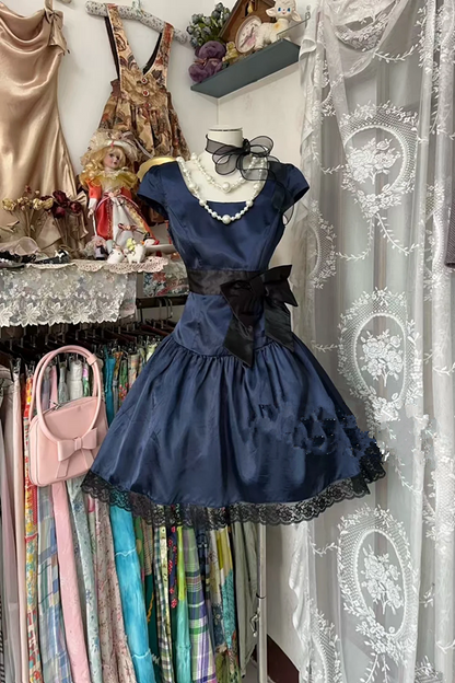 Navy blue round neck fitted A-line short prom dress R7465
