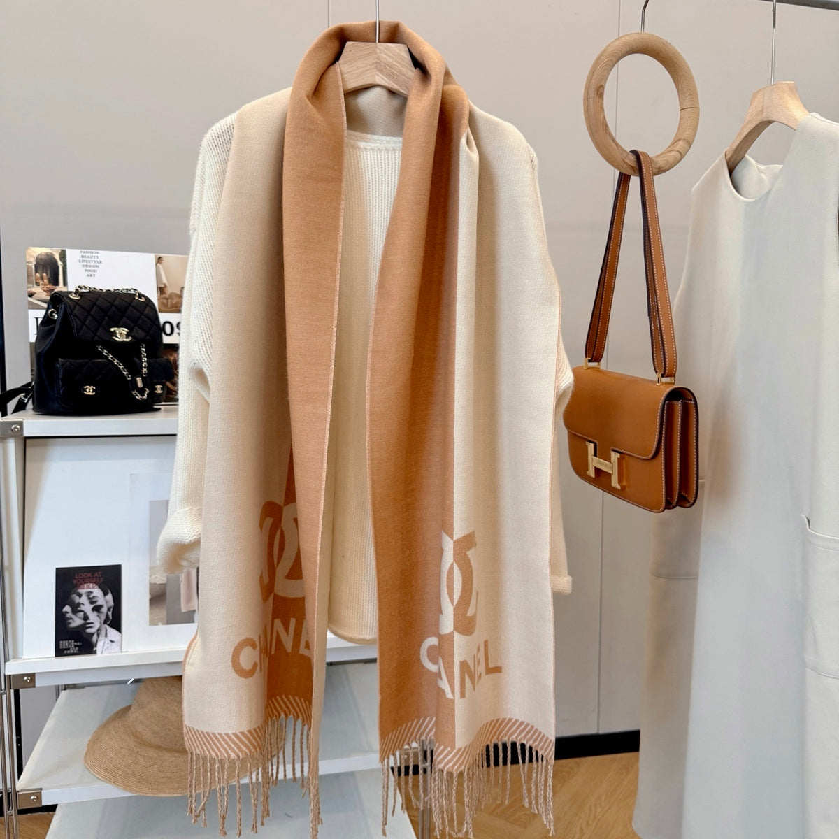 Chanel 24A Half Color Wool Scarf Beige 180Cm