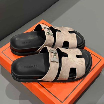 Hermes Chypre Sandal Suede H Logo Silver Hardware Light Brown