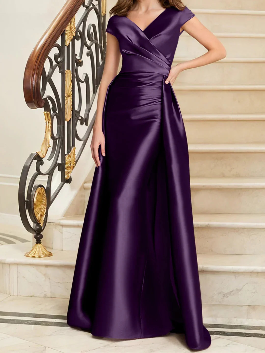 Tight fit/straight V-neck sleeveless satin mother of the bride dresses