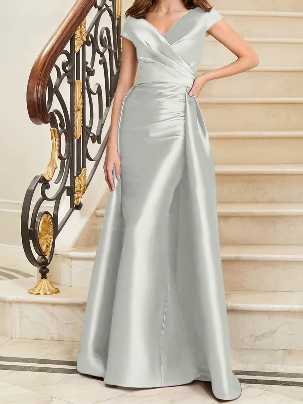Tight fit/straight V-neck sleeveless satin mother of the bride dresses