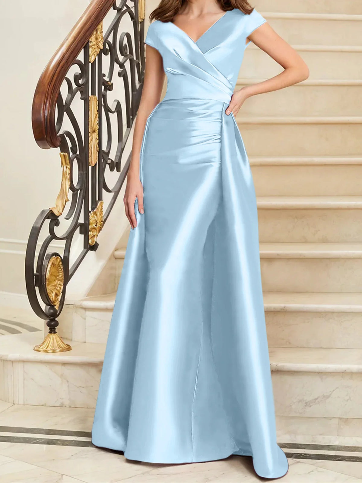 Tight fit/straight V-neck sleeveless satin mother of the bride dresses