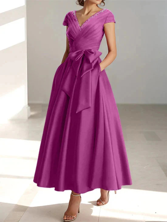 Wonderful A-line/Princess V-neck Short Sleeve Back Zip pocket Mother Of The Bride Dress