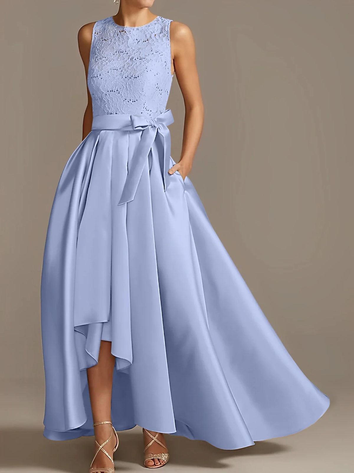 A-line/Princess collar sleeveless pleated lace mother of the bride dress