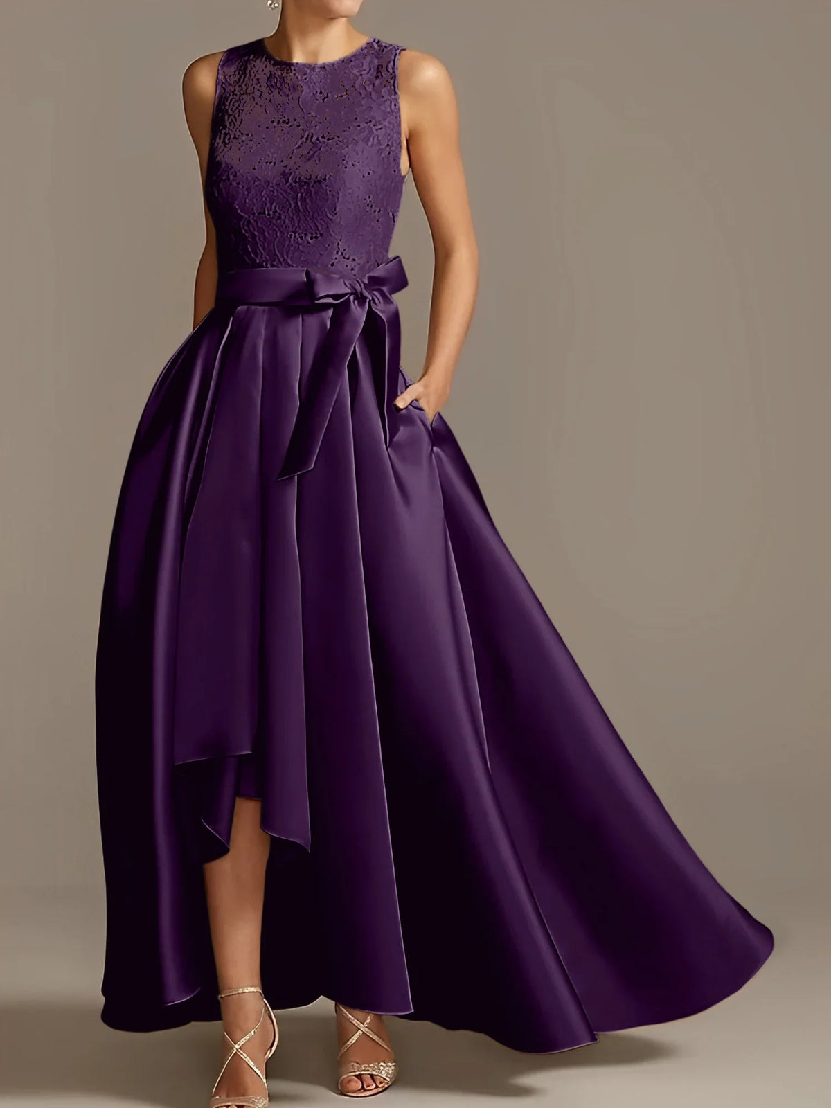 A-line/Princess collar sleeveless pleated lace mother of the bride dress