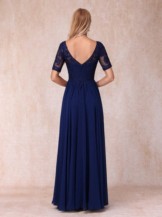 A-line/Princess V-neck short sleeved long formal mother of the bride dress