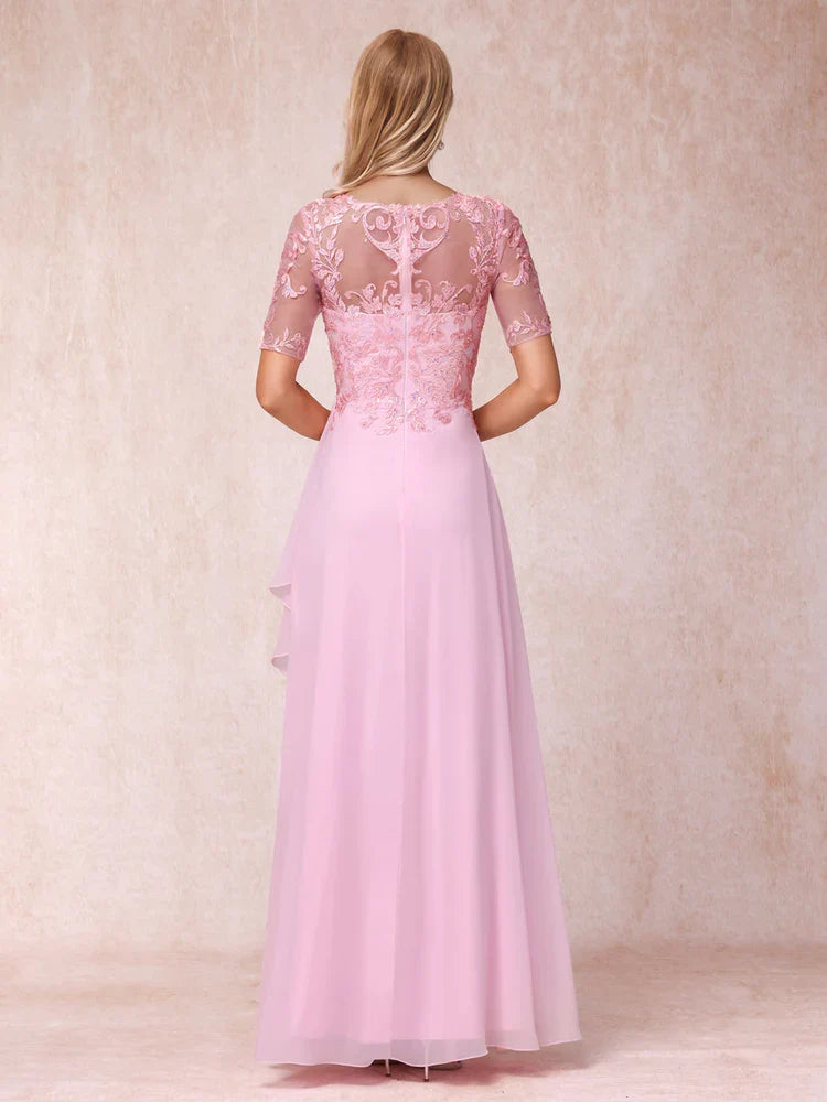 A-line/Princess V-neck short sleeved long formal mother of the bride dress