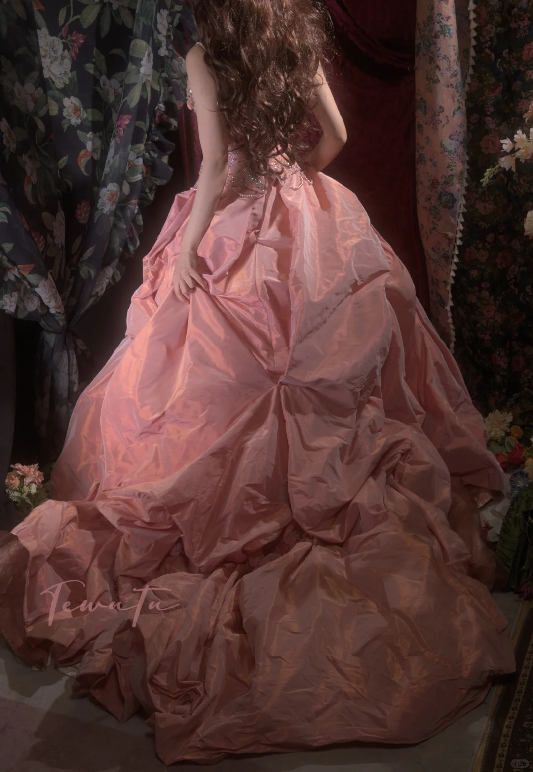 Gorgeous Pink Spaghetti Strap Beaded Floral Ball Gown TP5795